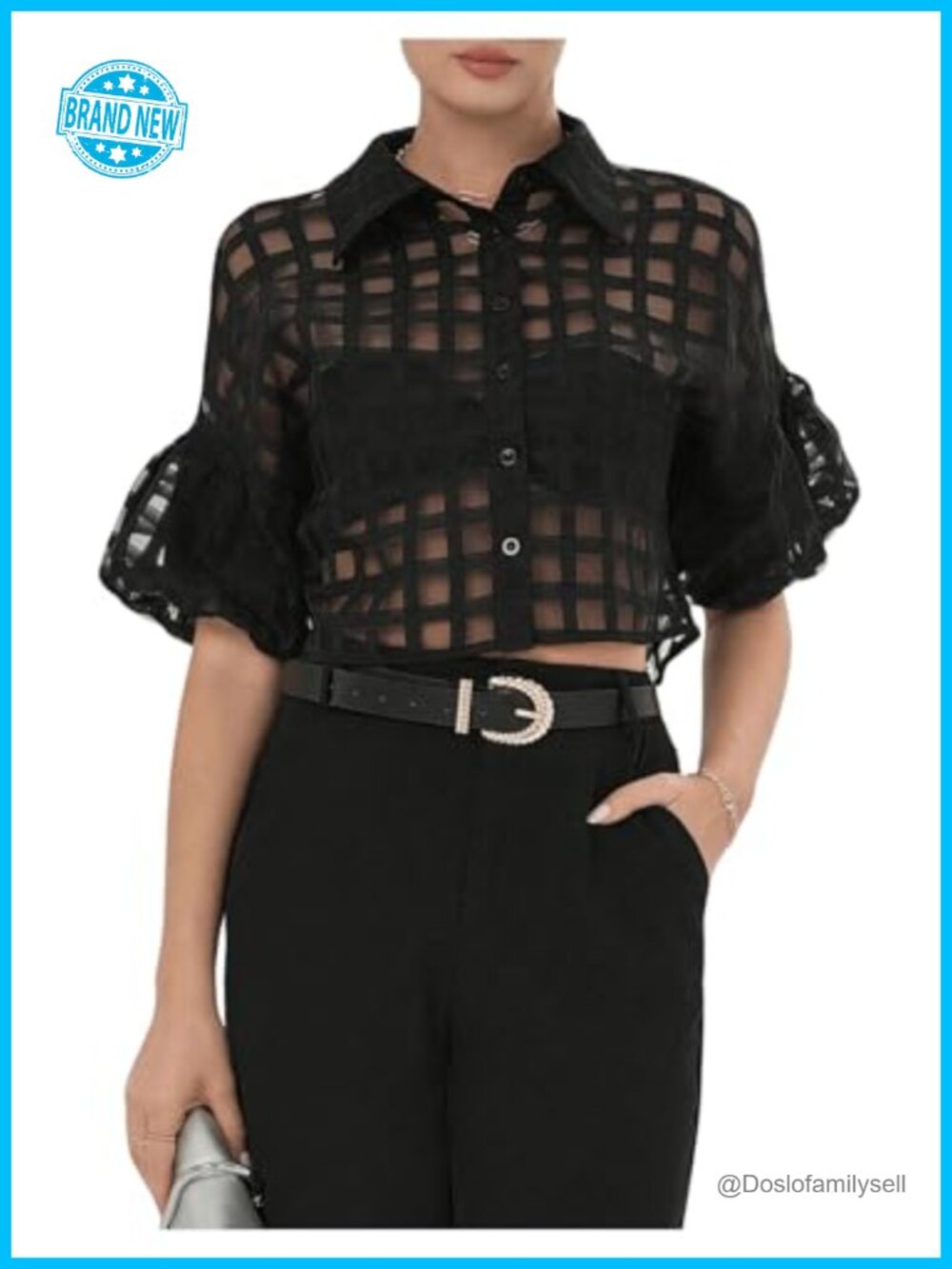 Sheer Mesh Button Down Collared Short Sleeve Crop Blouse